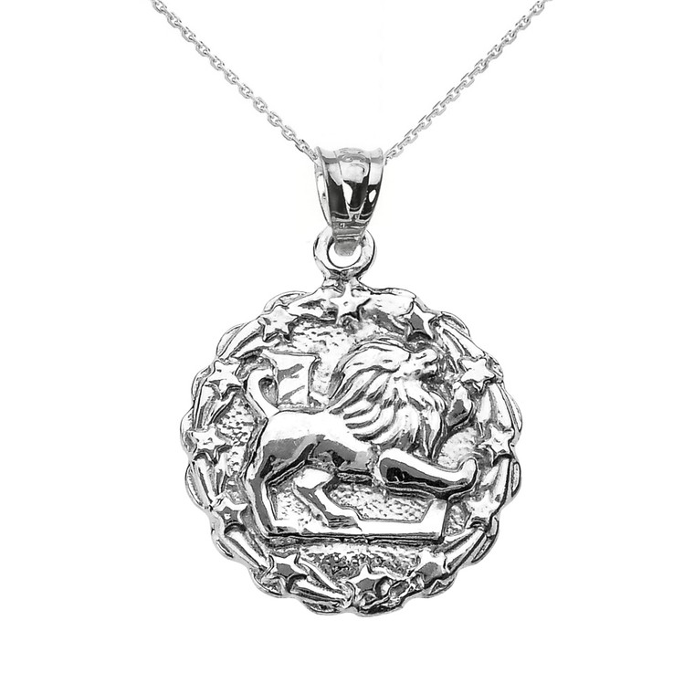 Sterling Silver Leo August Zodiac Sign Round Pendant Necklace