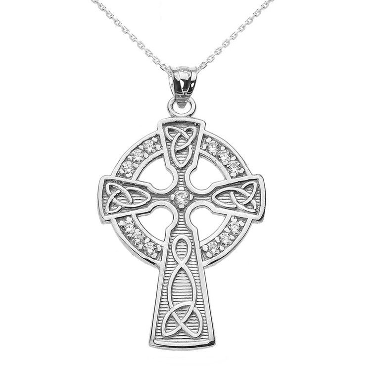 White Gold Diamond Trinity Knot Celtic Cross Pendant Necklace