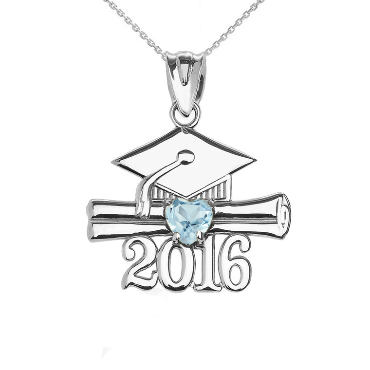 Sterling Silver Heart March Birthstone Aqua Cz Class of 2016 Graduation Pendant Necklace