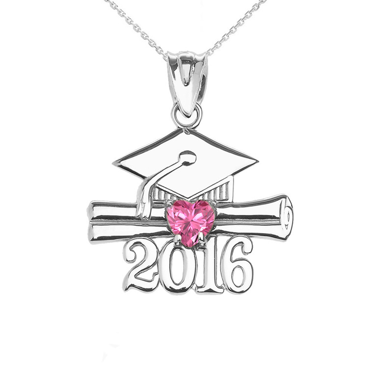 White Gold Heart October Birthstone Pink Cz Class of 2016 Graduation Pendant Necklace