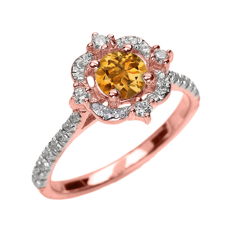 Rose Gold Genuine Citrine And Diamond Dainty Engagement Proposal Ring