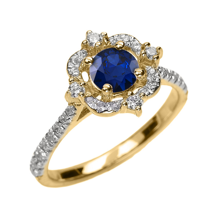 Yellow Gold Genuine Sapphire And Diamond Dainty Engagement Proposal Ring