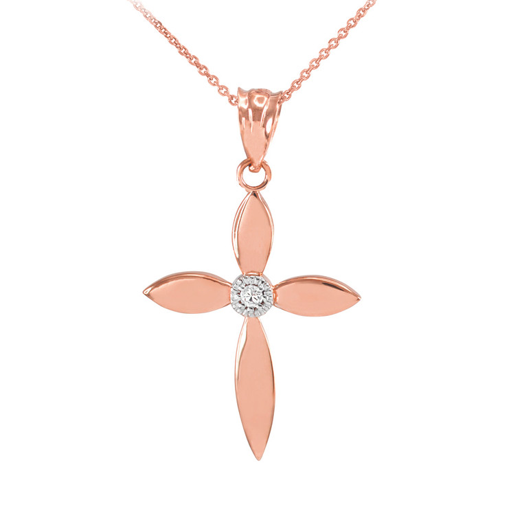 Beautiful Rose Gold Solitaire Diamond Cross Pendant Necklace
