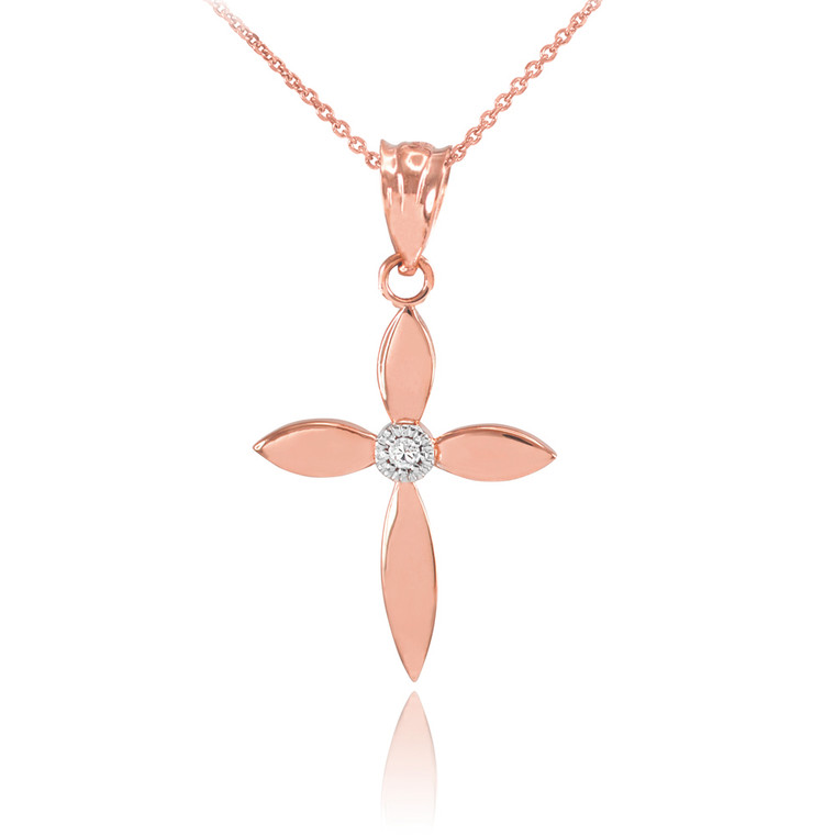 Rose Gold Solitaire Diamond Cross Dainty Charm Pendant Necklace