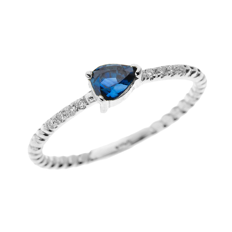 White Gold Dainty Solitaire Pear Shape Sapphire and Diamond Rope Design Engagement/Proposal/Stackable Ring