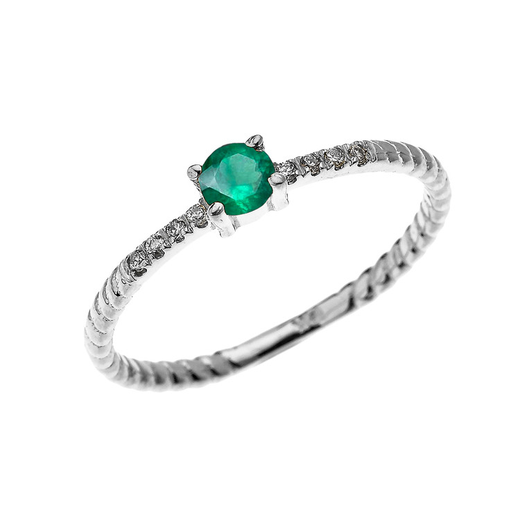 White Gold Dainty Solitaire Emerald and Diamond Rope Design Engagement/Proposal/Stackable Ring