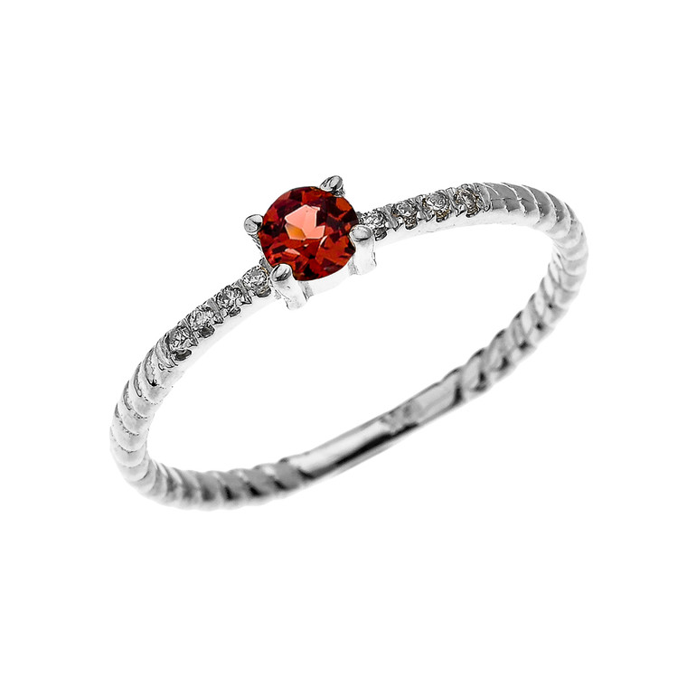 White Gold Dainty Solitaire Garnet and Diamond Rope Design Engagement/Proposal/Stackable Ring