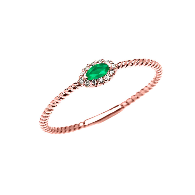 Rose Gold Dainty Halo Diamond and Marquise Emerald Solitaire Rope Design Promise/Stackable Ring