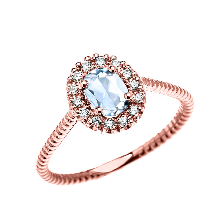 Rose Gold Dainty Halo Diamond and Oval Aquamarine Solitaire Rope Design Engagement/Promise Ring