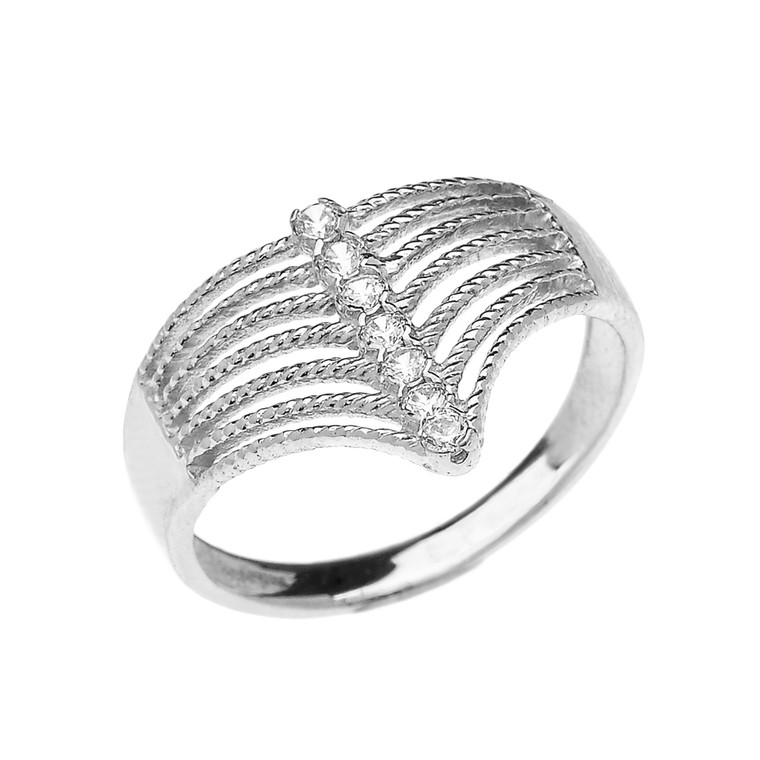 White Gold Modern Chevron 7 Stone Diamond Rope Design Ring