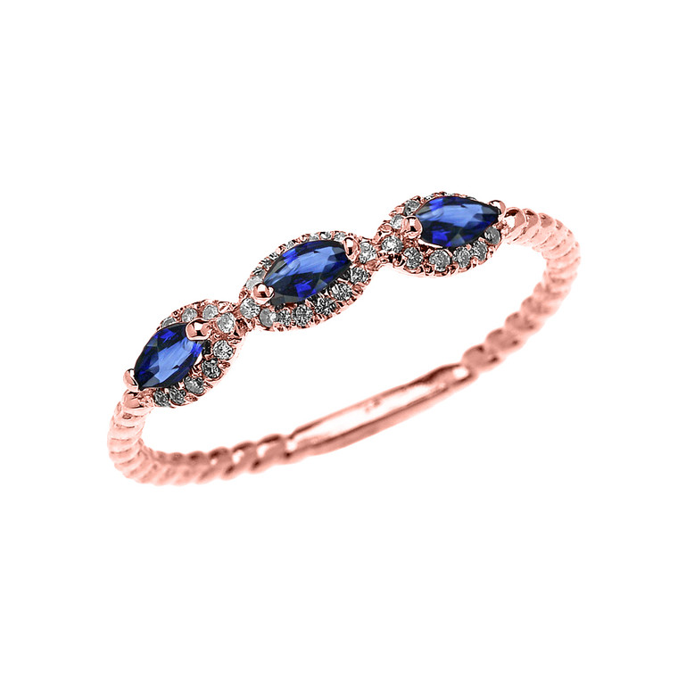 Rose Gold Dainty Three Stone Marquise Blue Sapphire and Halo Diamond Rope Design Engagement/Promise Ring
