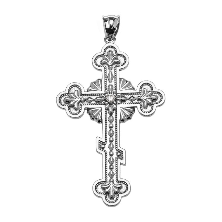 Sterling Silver Elegant Eastern Orthodox Diamond Cross Pendant Necklace
