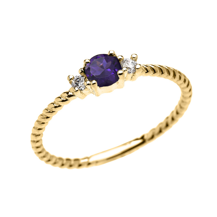 Yellow Gold Dainty Solitaire Amethyst and White Topaz Rope Design Promise/Stackable Ring