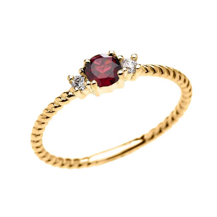 Yellow Gold Dainty Solitaire Garnet and White Topaz Rope Design Promise/Stackable Ring
