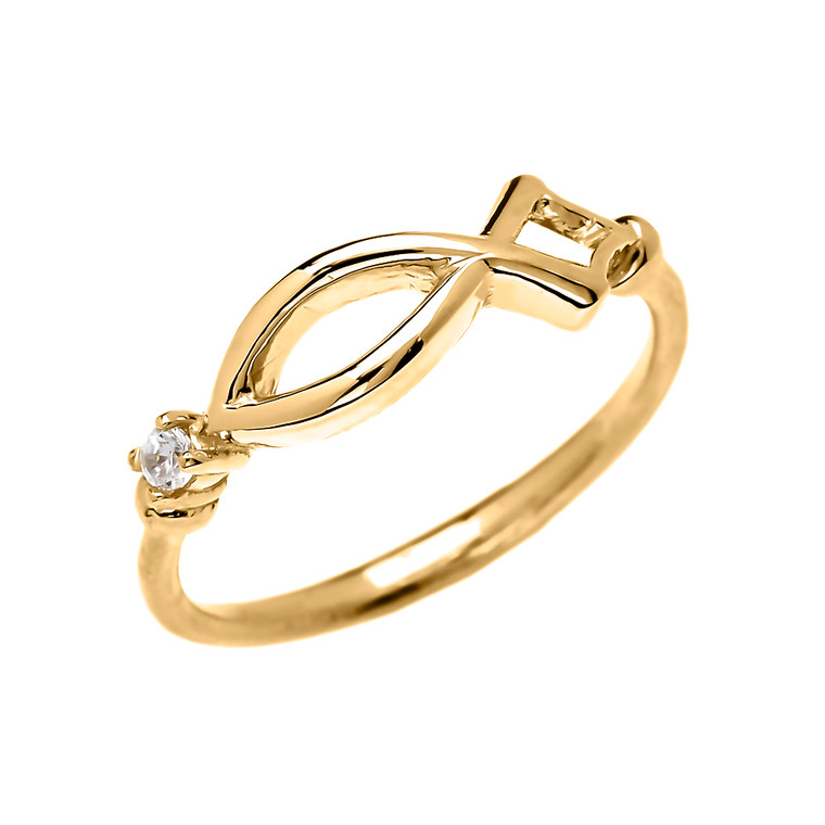 Christianity Symbol Ichtus Dainty Cubic Zirconia Yellow Gold Ring