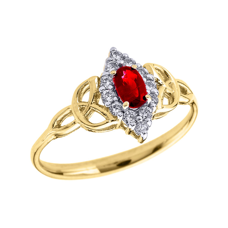 Yellow Gold Diamond and Oval Ruby Trinity Knot Proposal Ring