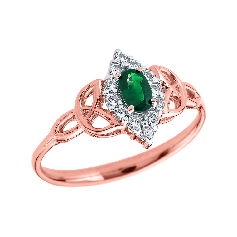 Rose Gold Diamond and Oval Emerald Trinity Knot Proposal Ring