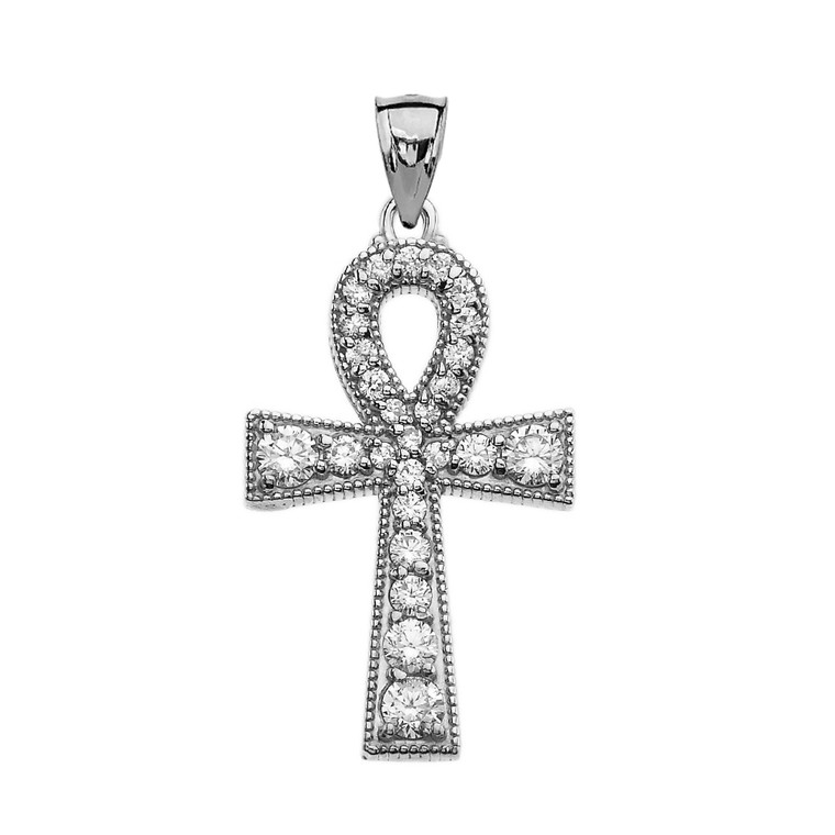 White Gold Ankh Cross Diamond Pendant Necklace