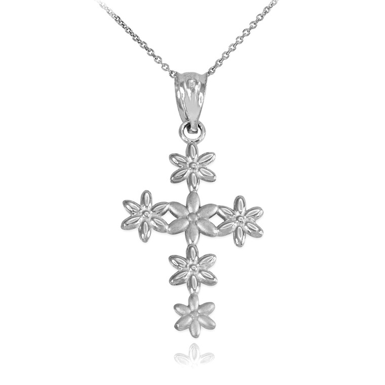 White Gold Cross Of Flowers Pendant Necklace