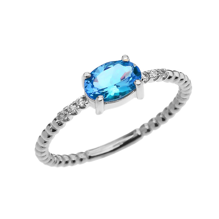 Diamond Beaded Band Ring With Blue Topaz Centerstone in White Gold