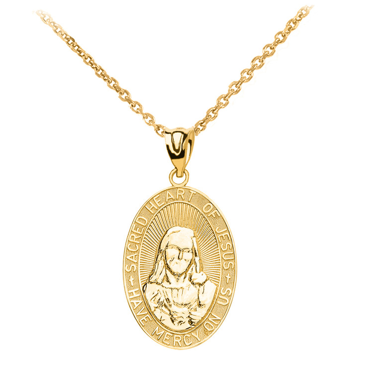 Yellow Gold Small Sacred Heart Of Jesus Pendant Necklace