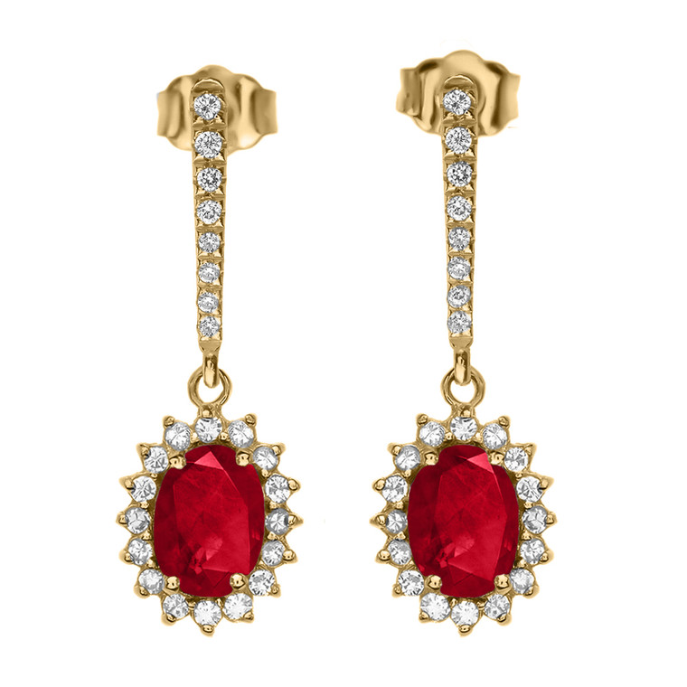 Diamond And July Birthstone  Ruby Yellow Gold Elegant Earrings
