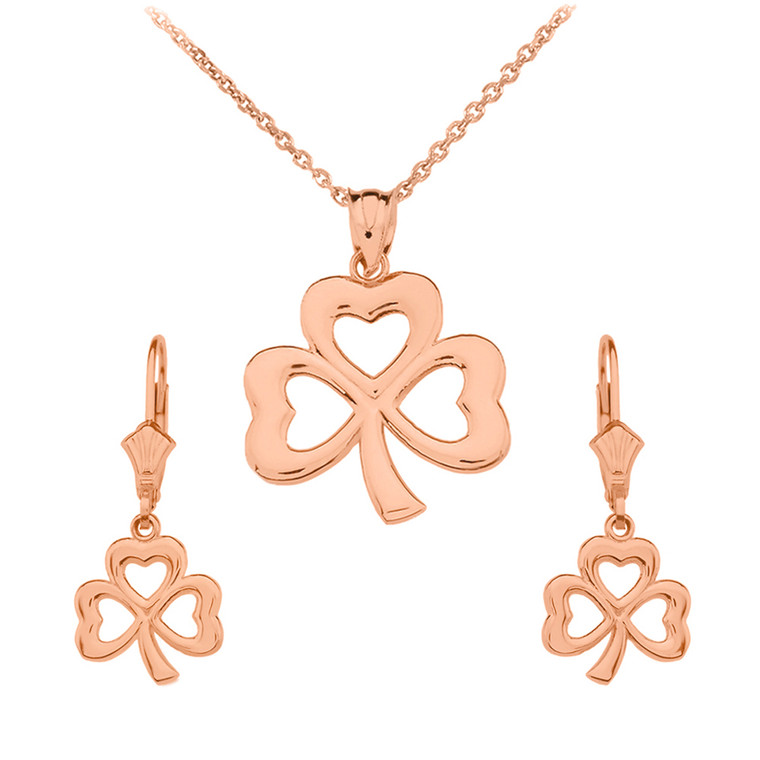 14K Rose Gold Polished Lucky Shamrock Necklace Earring Set