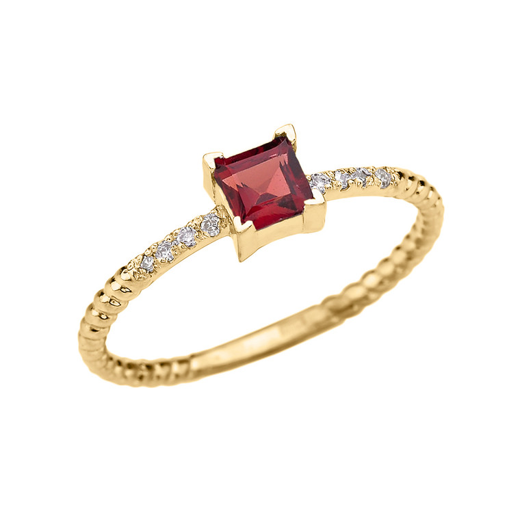 Dainty Yellow Gold Solitaire Princess Cut Garnet and Diamond Rope Design Engagement/Promise Ring