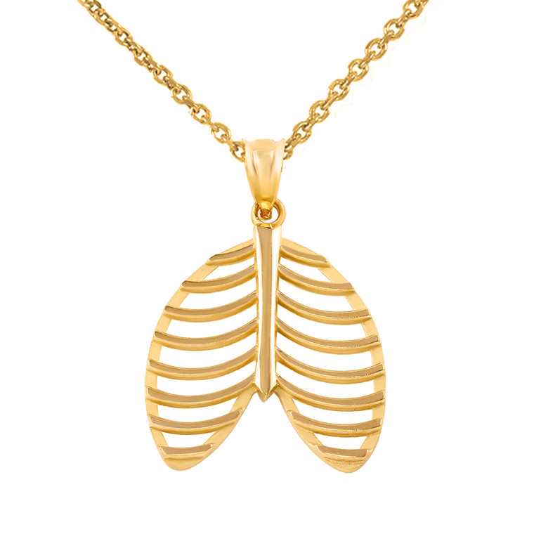 Yellow Gold Human Rib Cage Anatomy Pendant Necklace