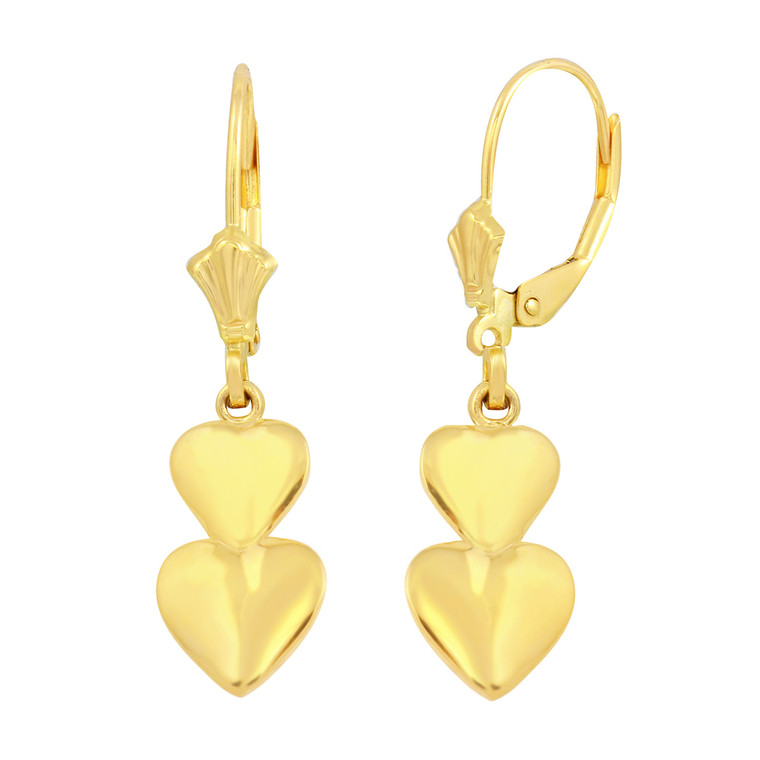 Yellow Solid Gold Two Stacked Hearts Love Earring Set