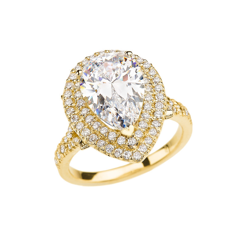 Double Raw Diamond Engagement Ring with 7 Carat Pear-Shaped CZ Center Stone in Yellow Gold