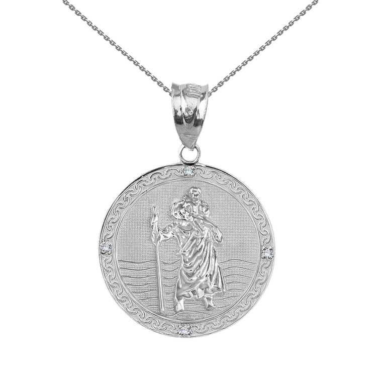 Sterling Silver Saint Christopher Medallion Circle CZ Pendant Necklace ( 1")