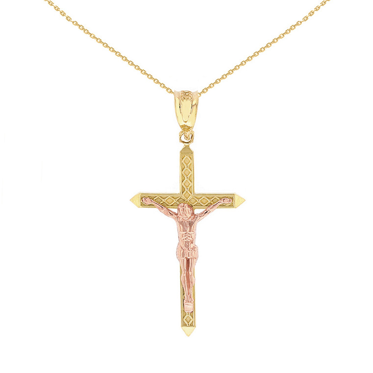 Two Tone Solid Rose and Yellow Gold Passion Cross Crucifix Pendant Necklace 1.23" ( 31 mm )