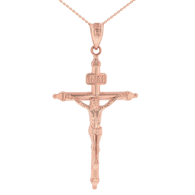 Solid Rose Gold INRI Christ Passion Cross Crucifix Pendant Necklace  1.2" (32  mm)