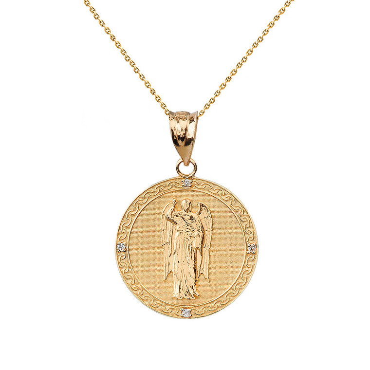 Solid Yellow Gold Archangel Saint Gabriel Diamond Medallion Pendant Necklace   1.02"  (25 mm )