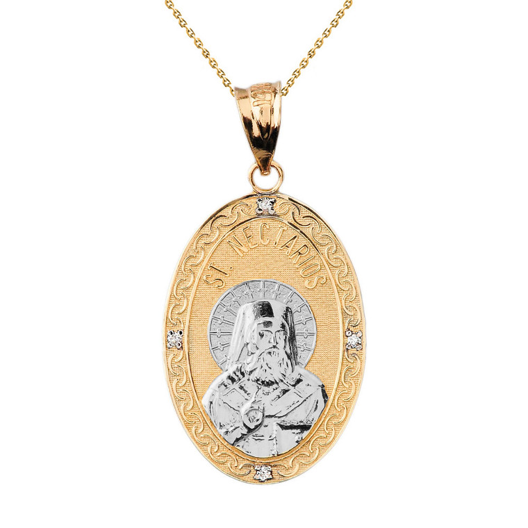 Two Tone Solid Yellow Gold Greek Orthodox Saint Nectarios of Aegina Engravable Diamond Medallion Oval Pendant Necklace  1.18" (29 mm)