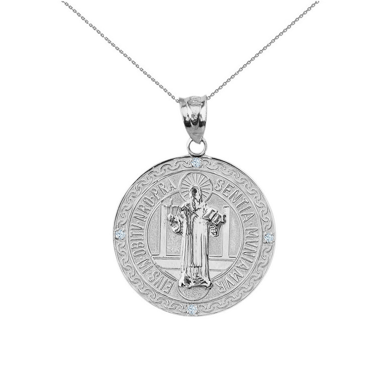 Sterling Silver Saint Benito Engravable CZ Medallion Pendant Necklace  1.03" ( 26 mm)