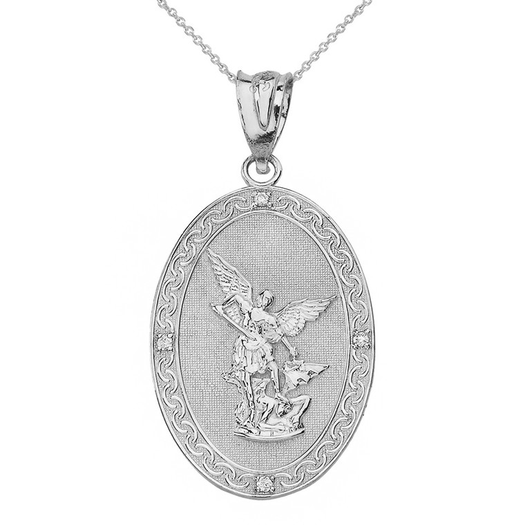 Sterling Silver  Archangel Michael Oval Medallion CZ Prayer Pendant Necklace (Large)