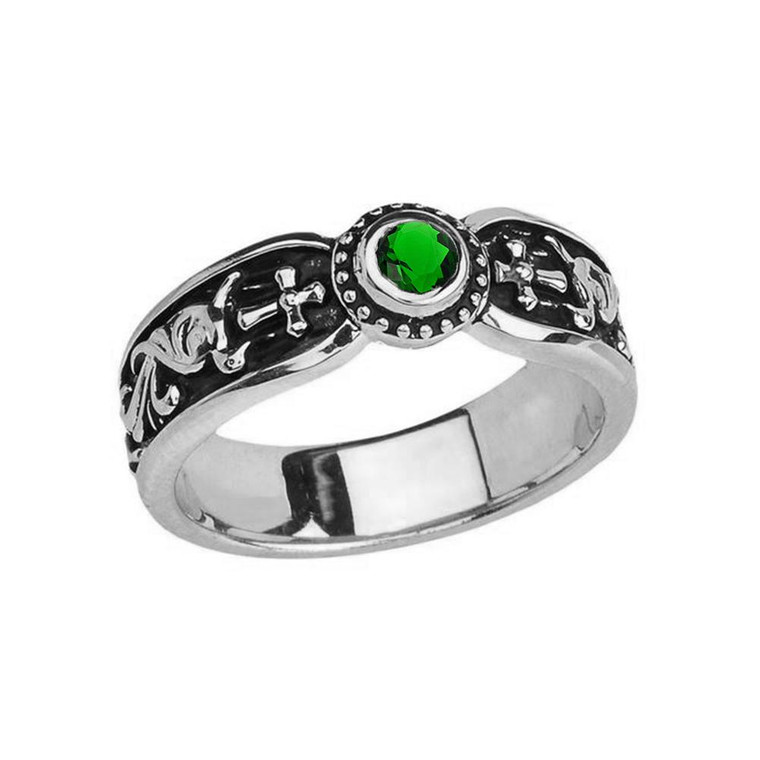 White Gold Emerald (LCE) Side Way Cross Vintage Solitaire Wedding Band/Ring