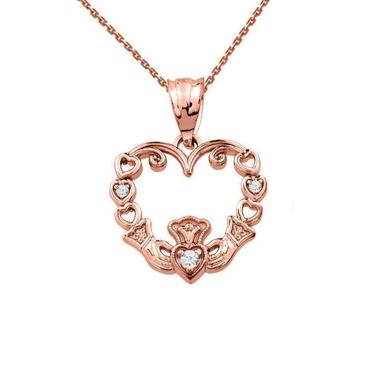 Rose Gold Diamond Claddagh Open Heart Pendant Necklace
