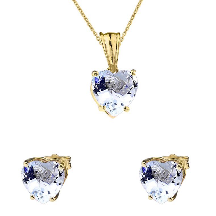 10K Yellow Gold Heart March Birthstone Aquamarine (LCAQ) Pendant Necklace & Earring Set