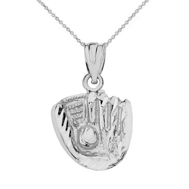 Sterling Silver Diamond Cut Baseball Glove Pendant Necklace 