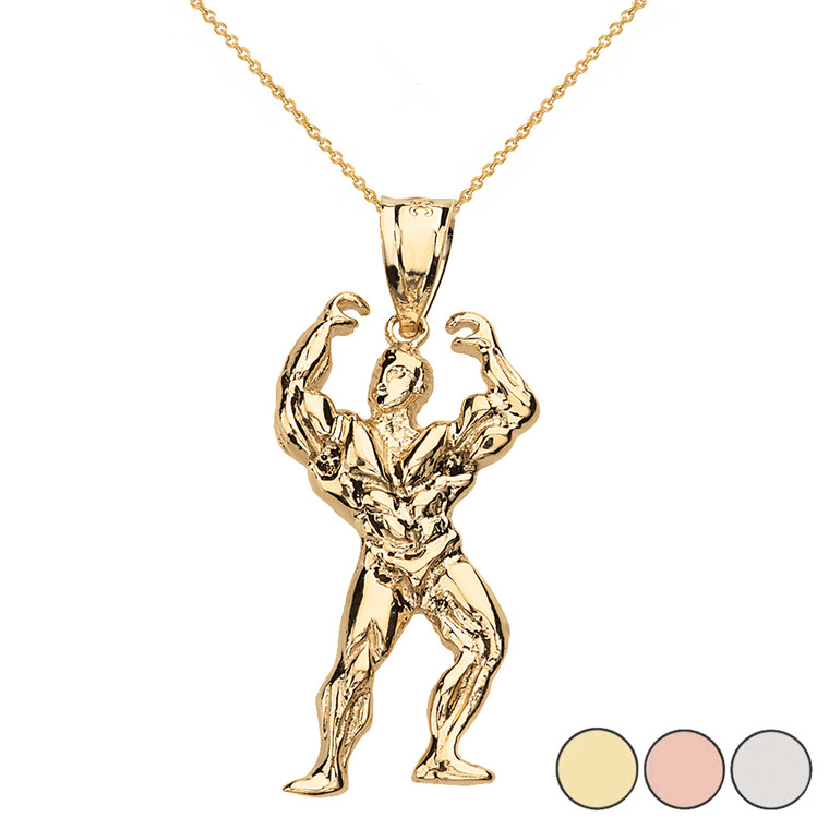  Weightlifting Fitness Sport Bodybuilder Pendant Necklace in Solid Gold (Yellow/Rose/White)