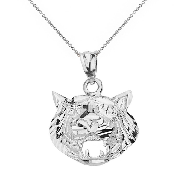 Sterling Silver Diamond Cut Roaring Tiger Head Pendant Necklace 