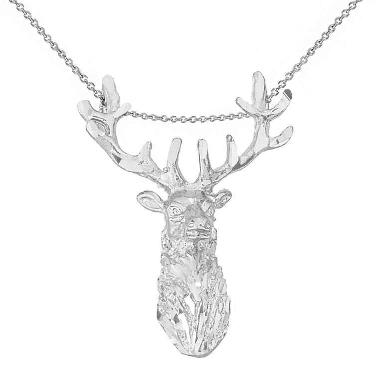 Solid White Gold Stag Deer Head Pendant Necklace