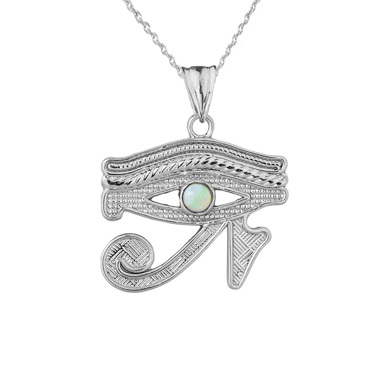 Eye of Horus (Ra) with Opal Center Stone Pendant Necklace in White Gold