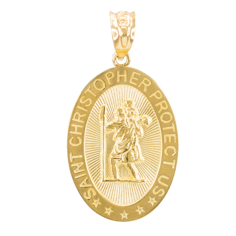 Gold Religious Pendants - The Saint Christopher Protect Us Oval Yellow Gold Pendant