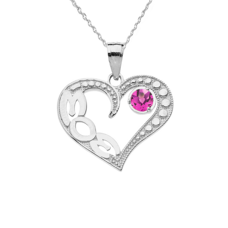 June Alexandrite (LC) 'MOM' Heart Pendant Necklace in Sterling Silver