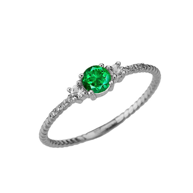 Dainty Elegant Emerald and Diamond Rope Ring in White Gold