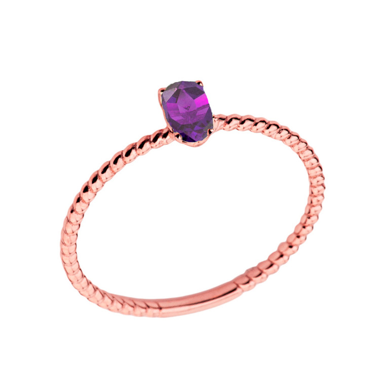 Dainty Genuine Amethyst Oval Rope Ring in Rose Gold